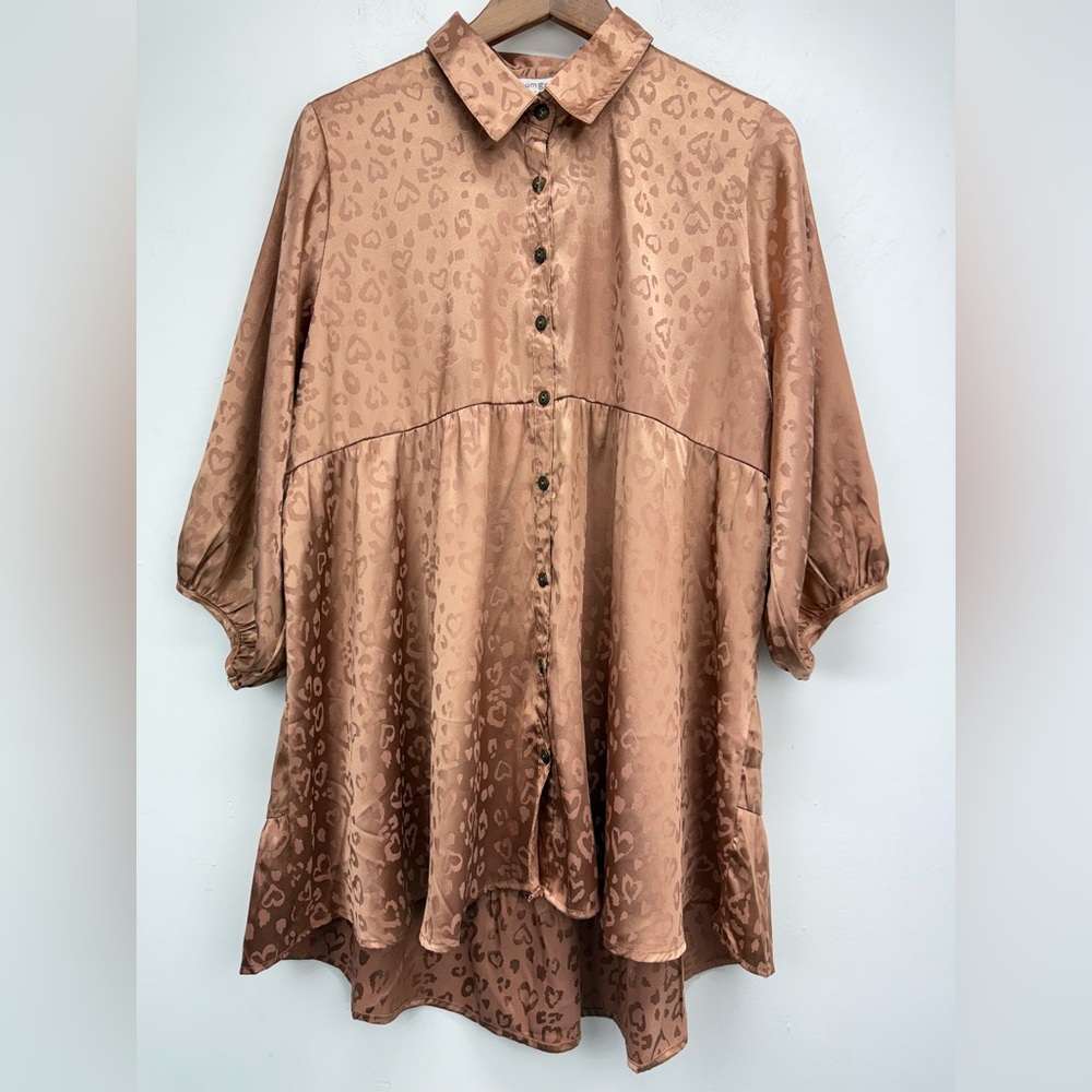 Satin Leopard-Print Button-Front Tunic - Tan